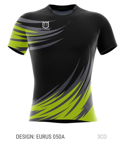 A black t-shirt with a green and gray design on it