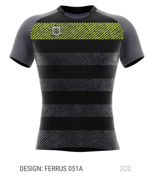A black and yellow striped t-shirt with short sleeves on a white background.