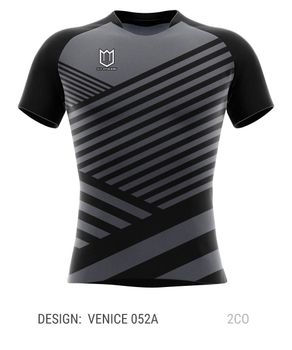 A black and gray striped t-shirt with the design venice 052a