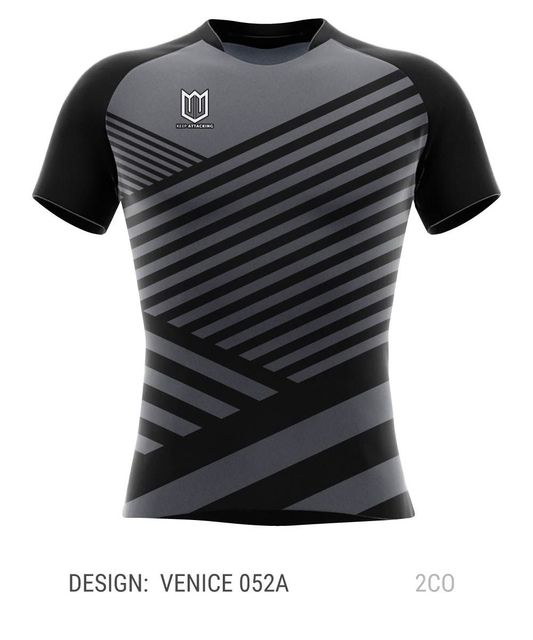 A black and gray striped t-shirt with the design venice 052a