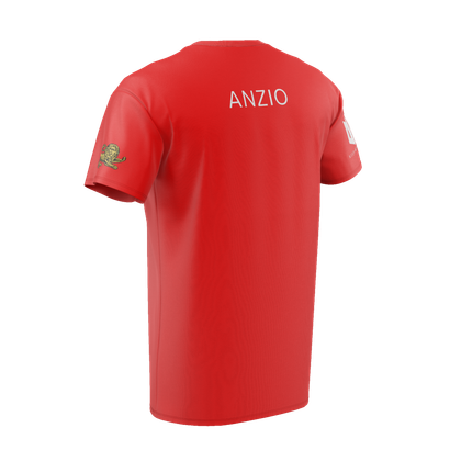 A red t-shirt with the name anzio on the back