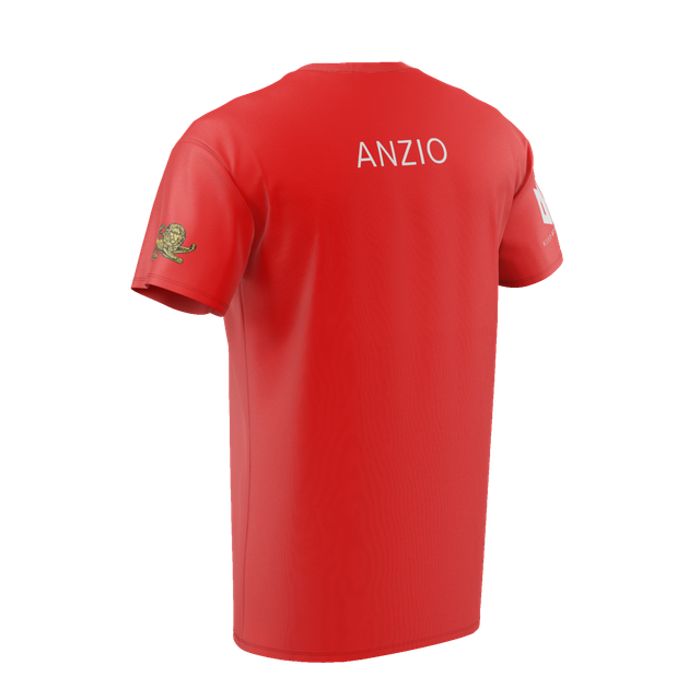 A red t-shirt with the name anzio on the back