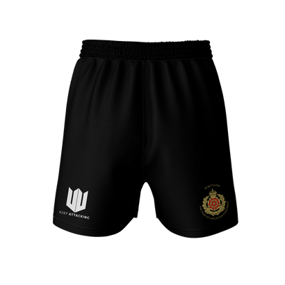 A pair of black shorts with a logo on the side