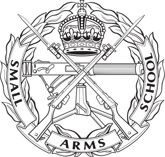 A black and white drawing of a small school of arms logo.