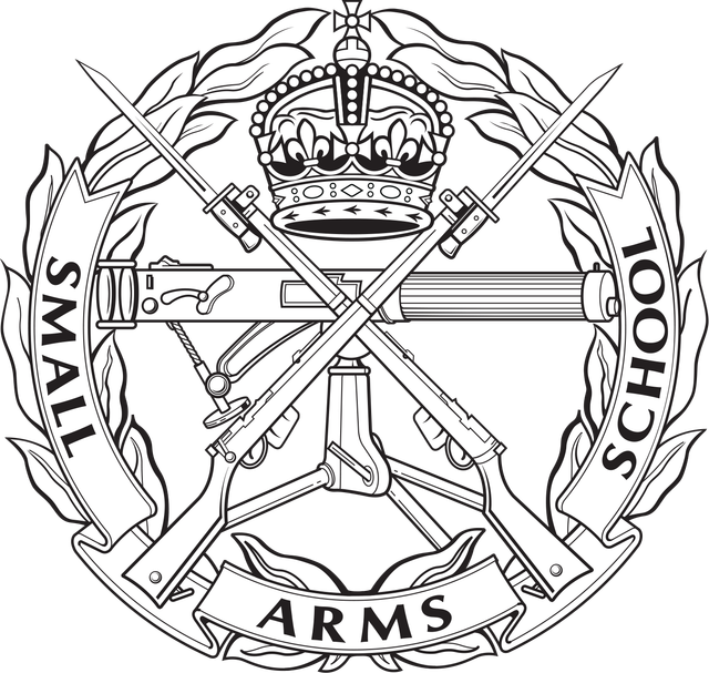 A black and white drawing of a small school of arms logo.