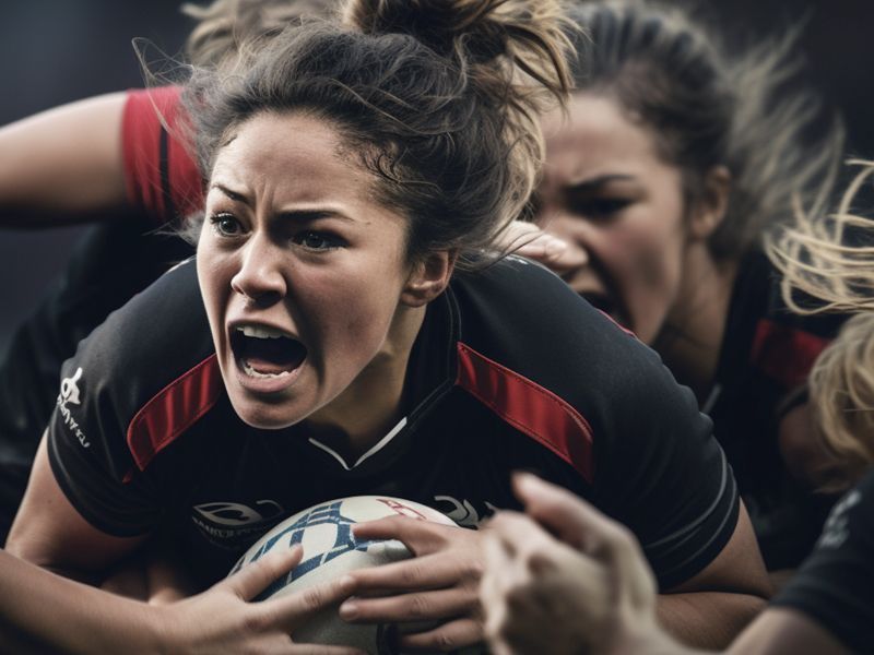 A group of female rugby players are playing a game of rugby.