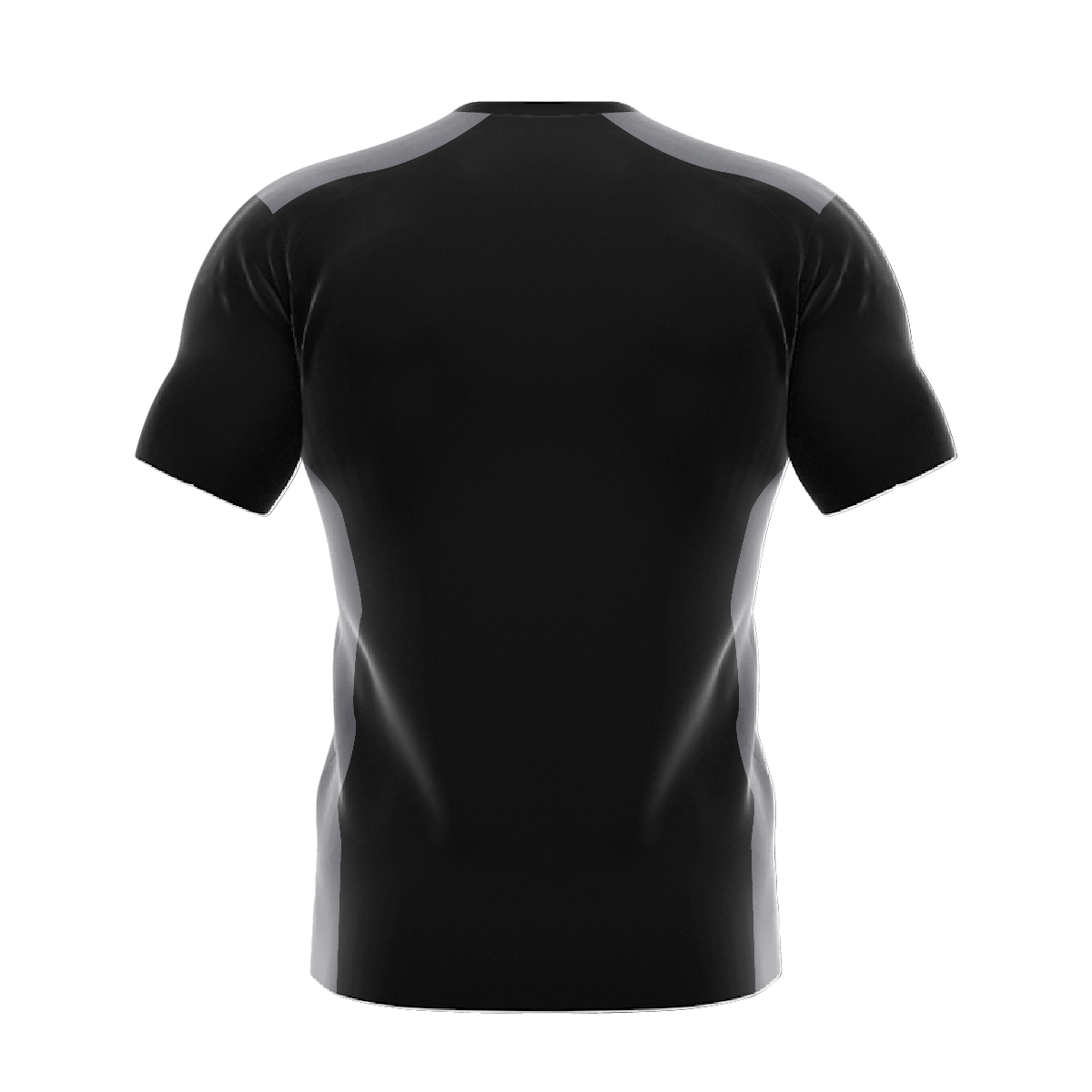 A black t-shirt with a logo on the front on a white background.