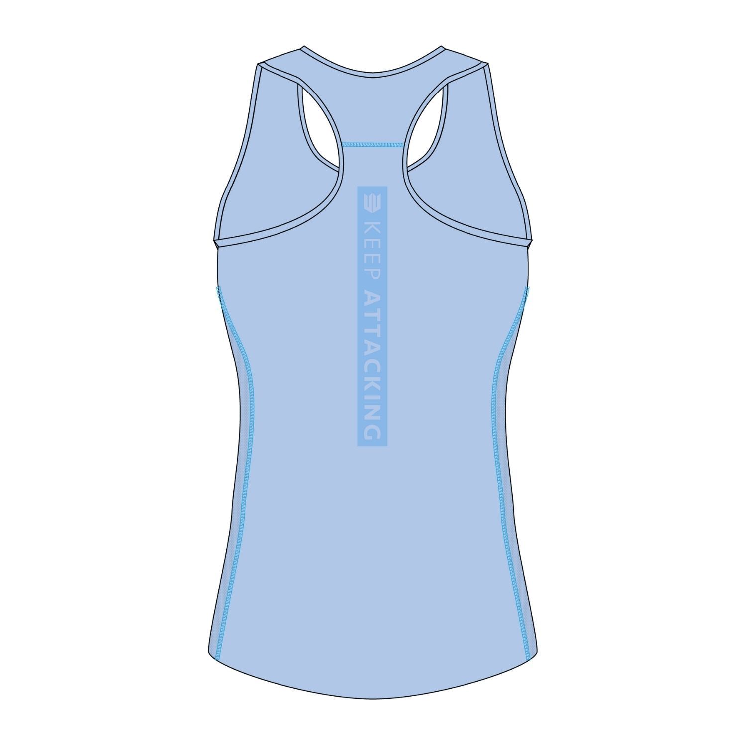 A light blue tank top with a v-neck and a logo on the front