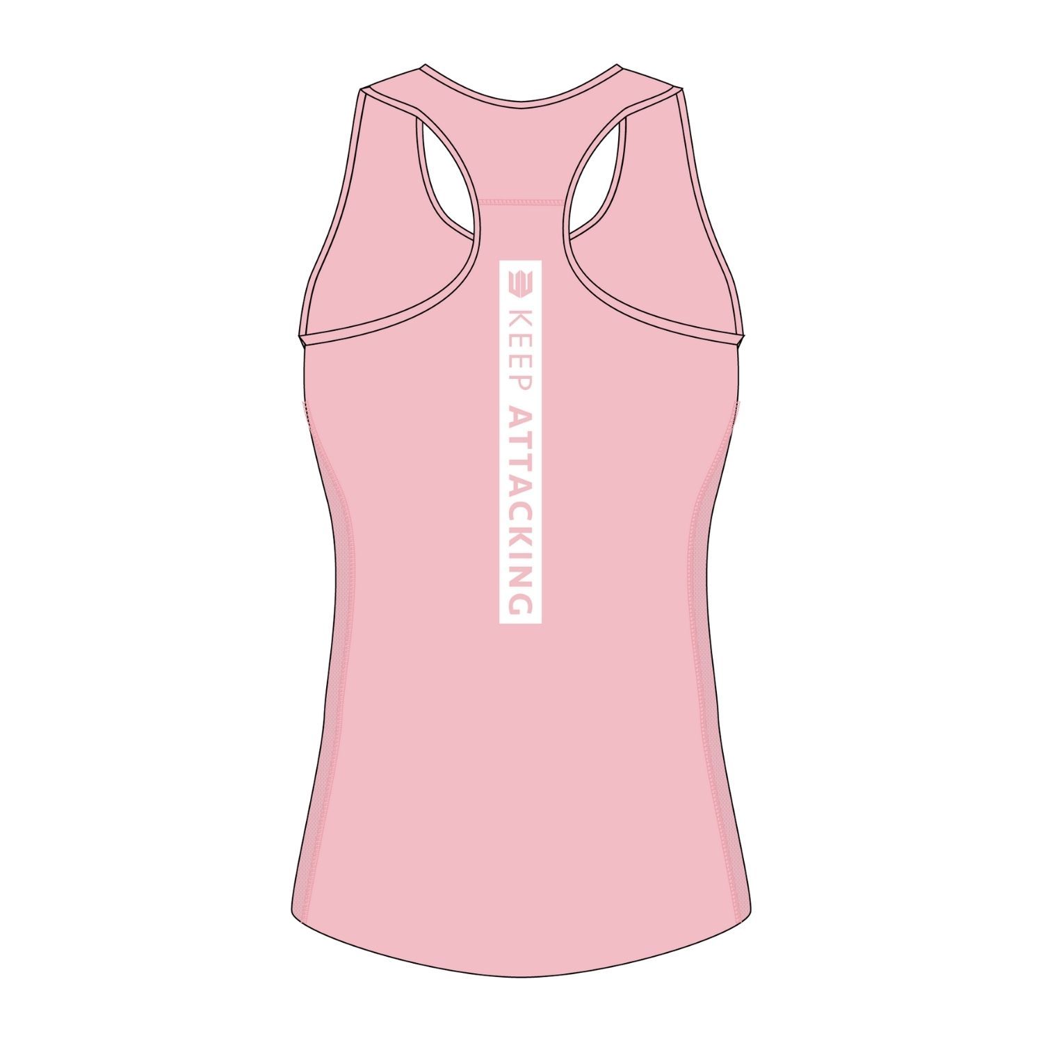 A pink tank top with a white logo on the front