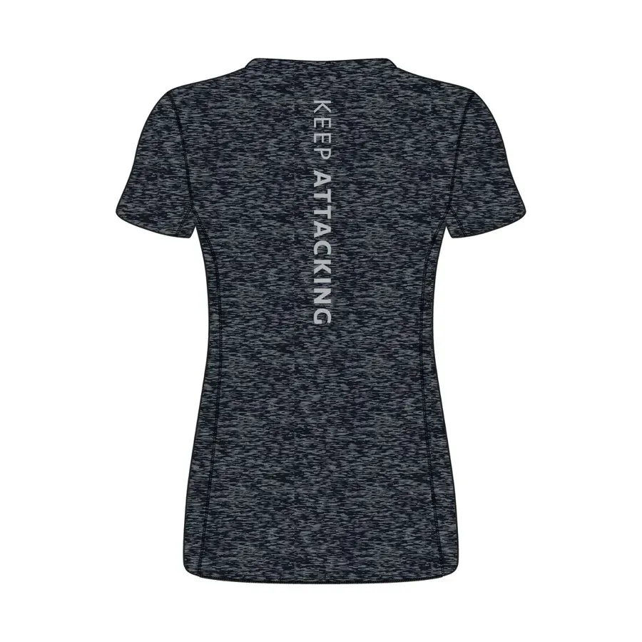 A black t-shirt with a v-neck and short sleeves