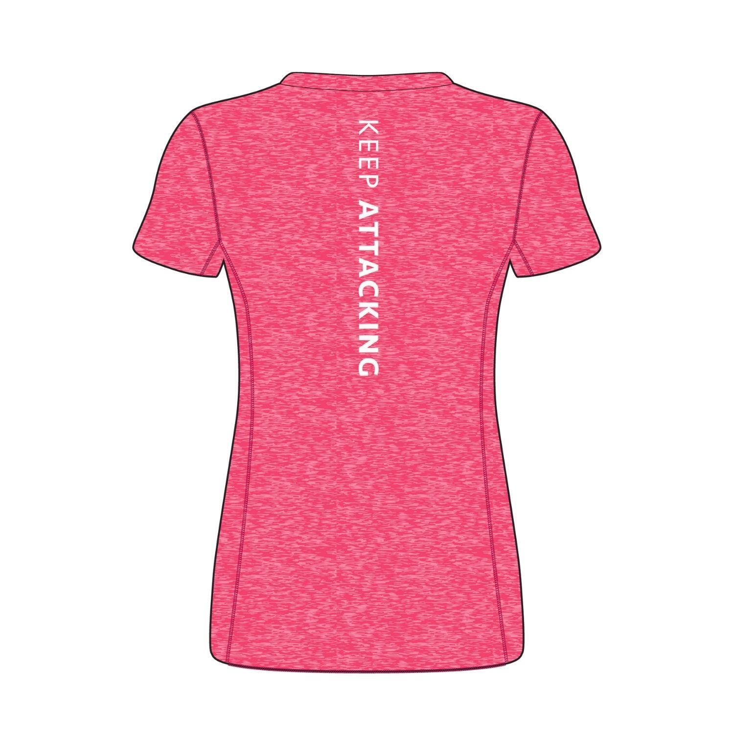 A pink t-shirt with a v-neck and short sleeves