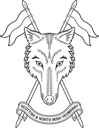 A black and white drawing of a wolf 's head with two crossed spears.