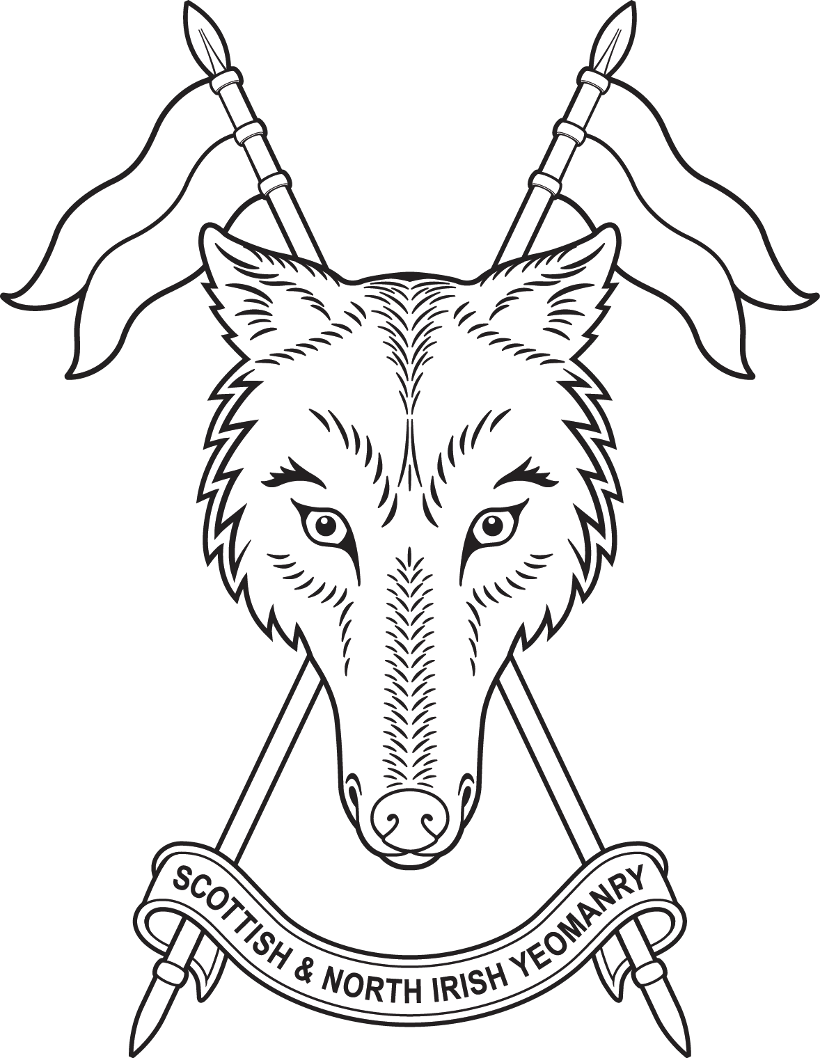 A black and white drawing of a wolf 's head with two crossed spears.