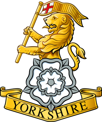 The coat of arms of yorkshire has a lion holding a flag and a rose.