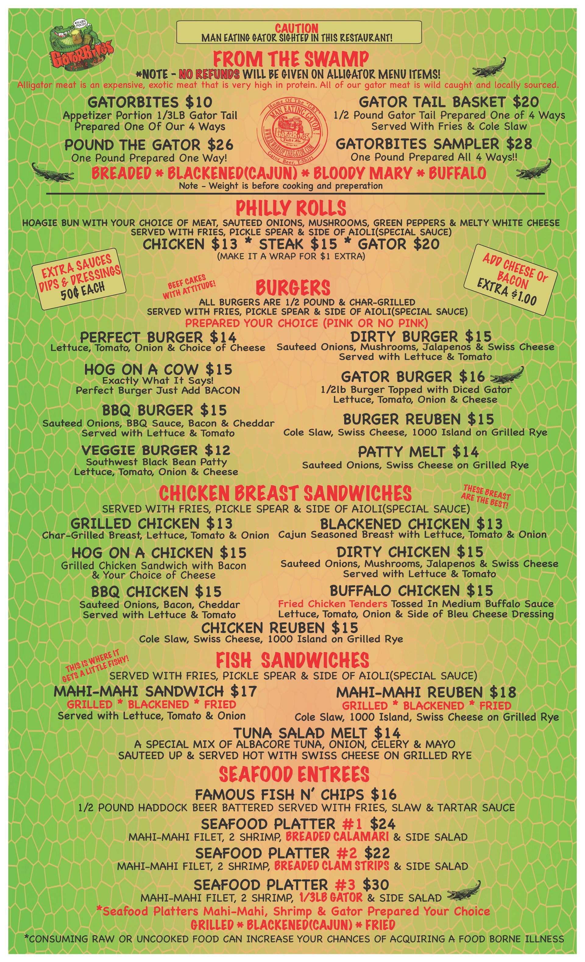 Menu board, green background, various food options and prices.