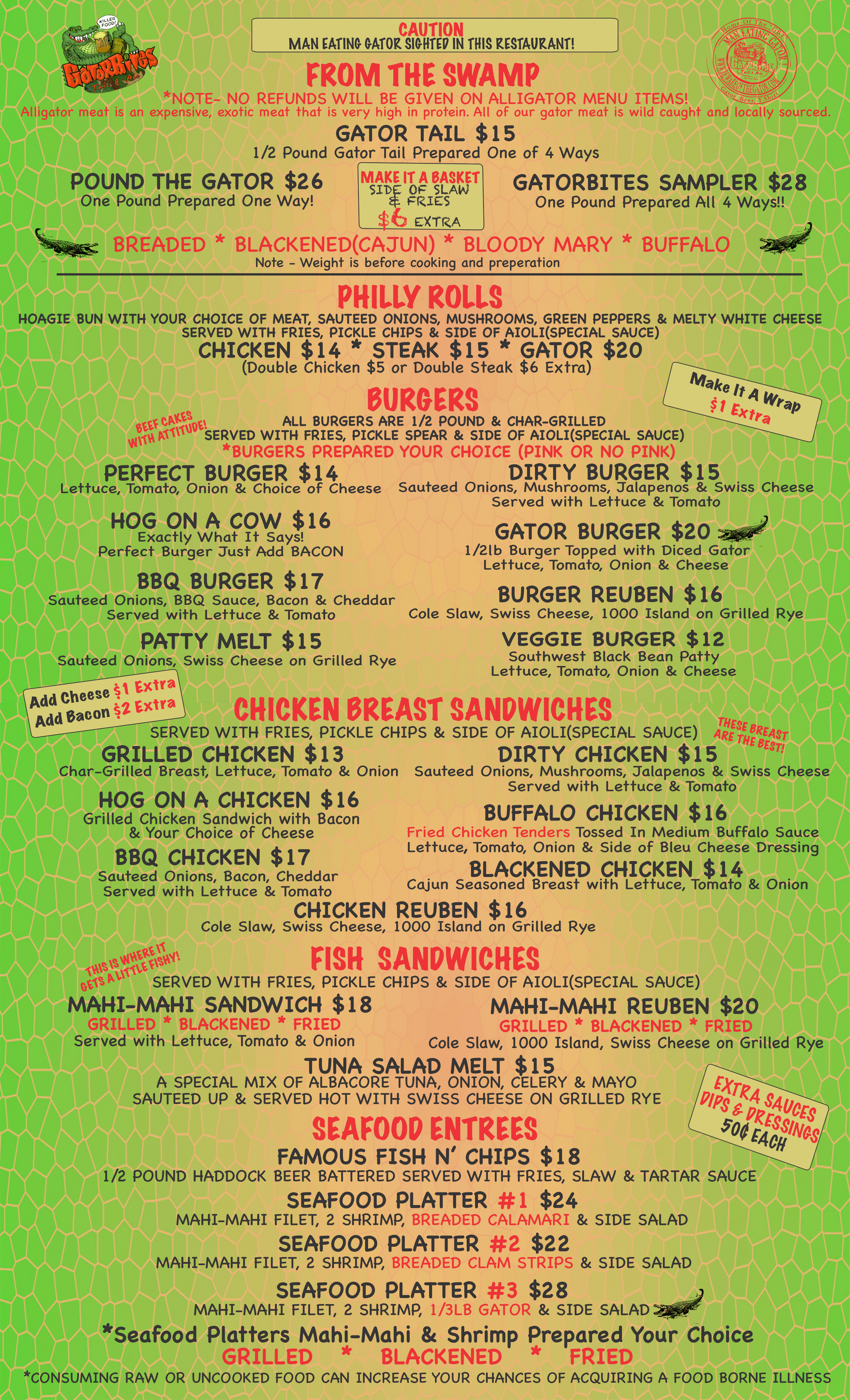 Menu board, green background, various food options and prices.