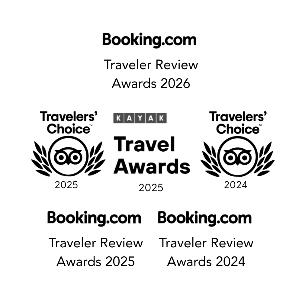 A logo for booking.com traveller review awards 2025 and travellers choice awards 2024.