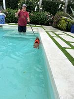 A man is standing next to a swimming pool with a dog on a leash.