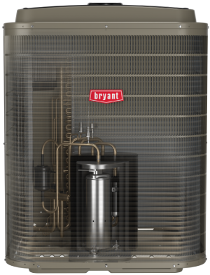 Bryant air conditioner unit with exposed internal components, gray and metallic tones.