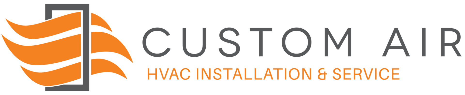 Logo for Custom Air, HVAC installation and service. Features orange wavy shapes within a dark gray box, with gray text.