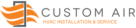 Logo for Custom Air, HVAC installation and service. Features orange wavy shapes within a dark gray box, with gray text.