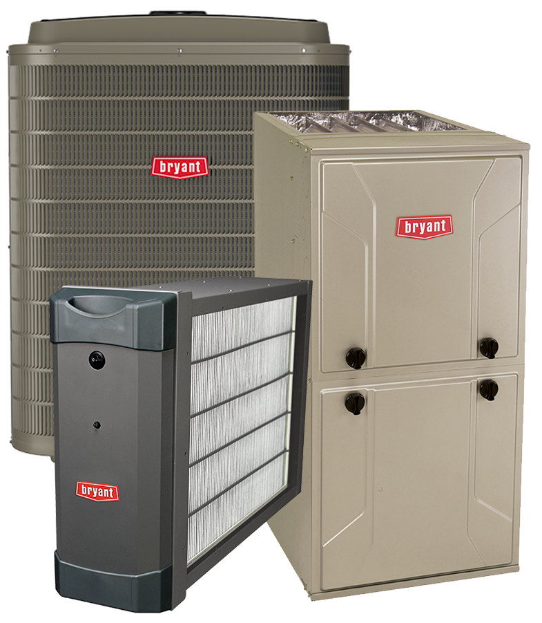 Three-part Bryant HVAC system: outdoor unit, furnace, and air purifier, all with Bryant branding.