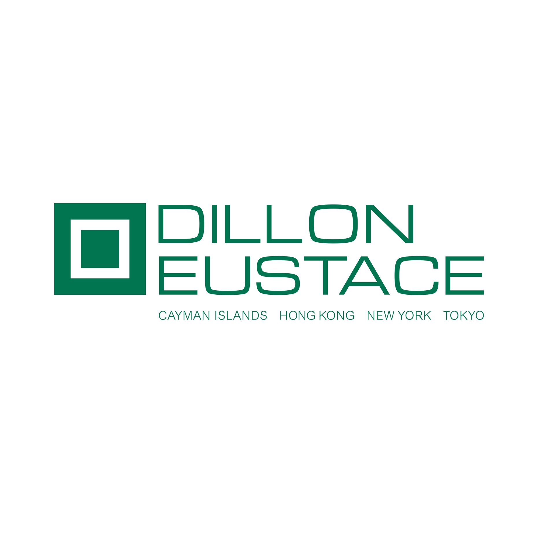 Logo for Dillon Eustace law firm, green square with two squares inside and firm's name and locations below.