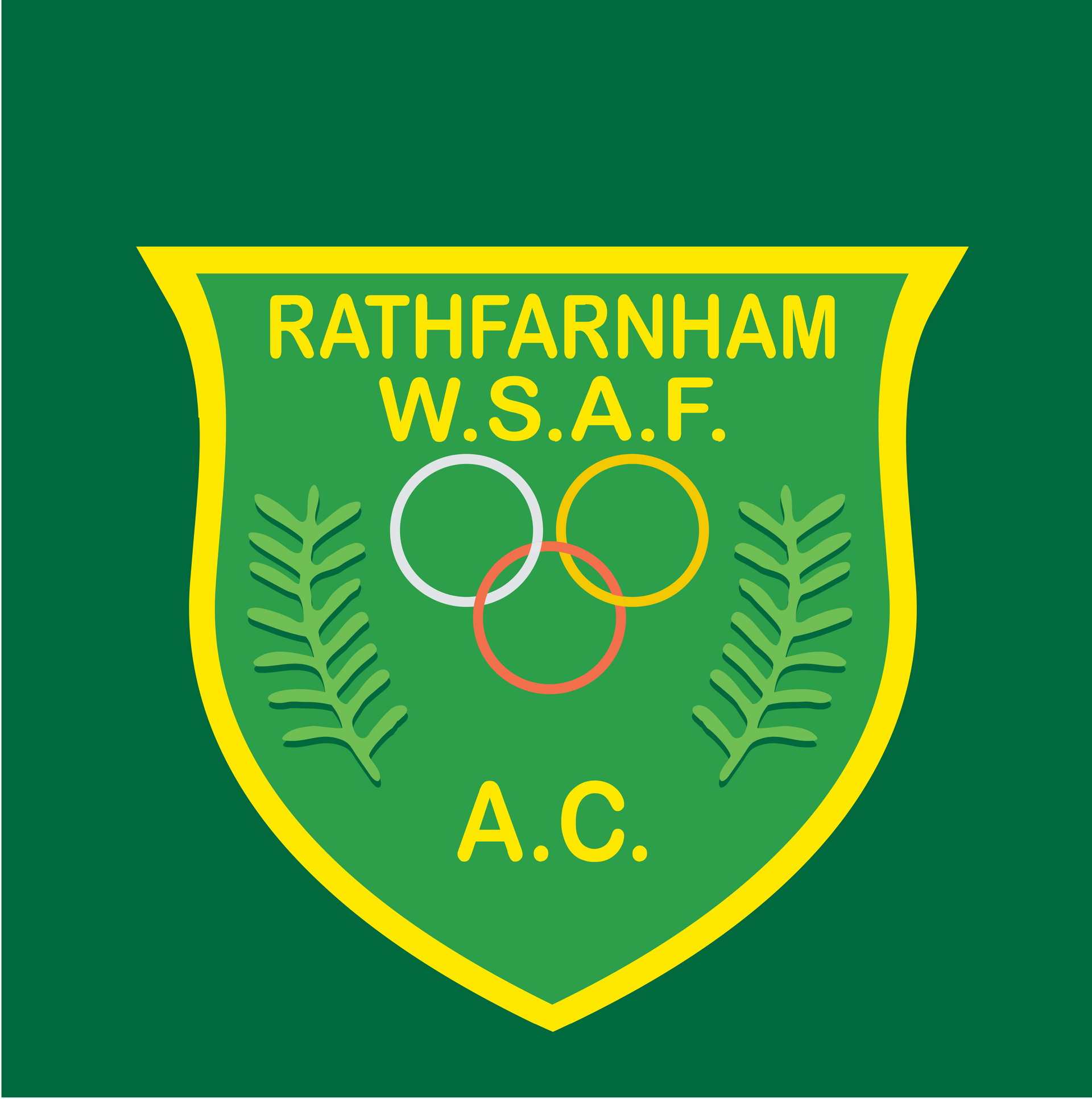 Rathfarnham W.S.A.F. A.C. logo: green shield with yellow border, text, Olympic rings, and plant sprigs.