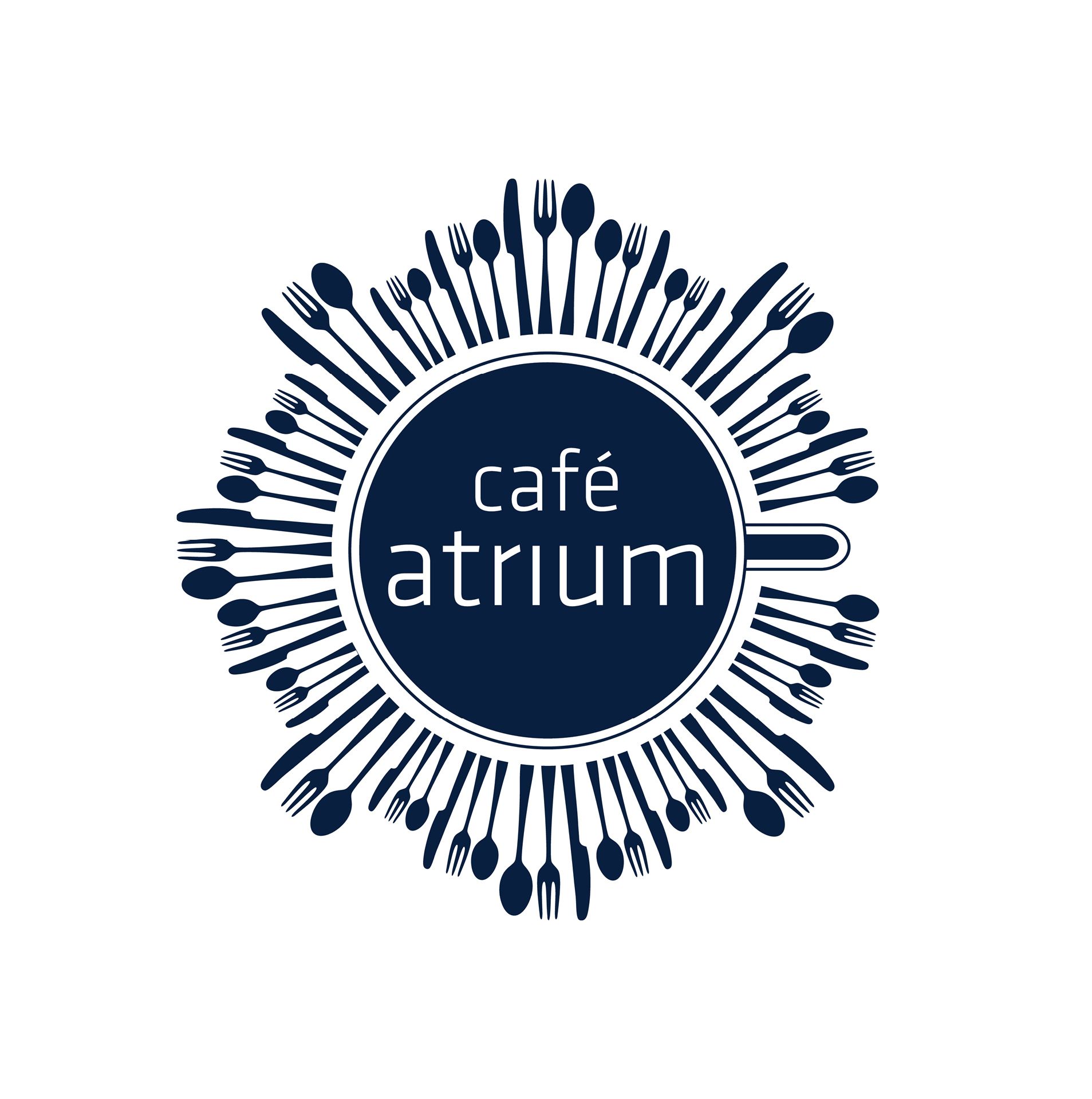 Logo for Café Atrium: a dark blue circle with 