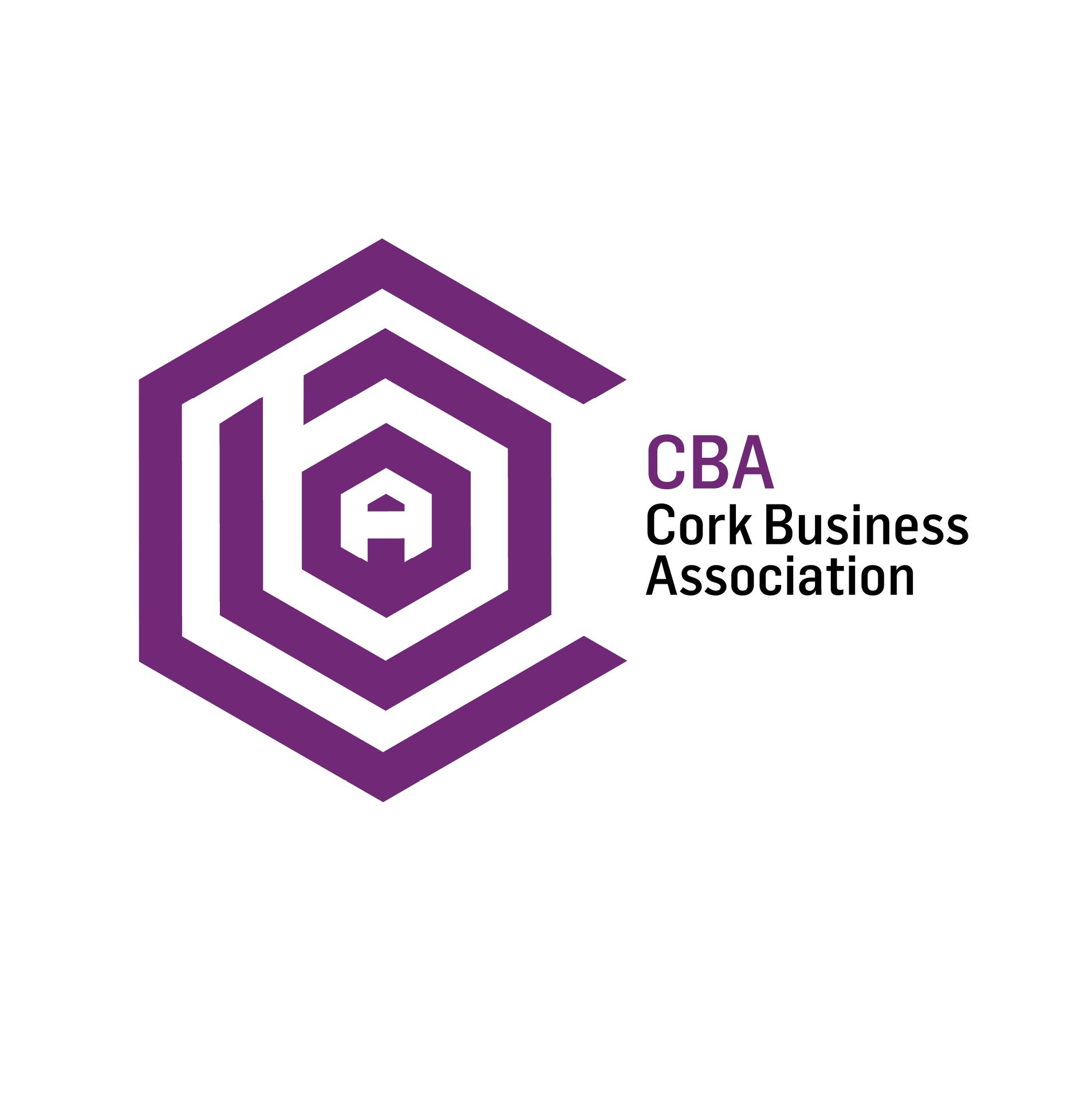 Purple CBA Cork Business Association logo: stylized hexagon with