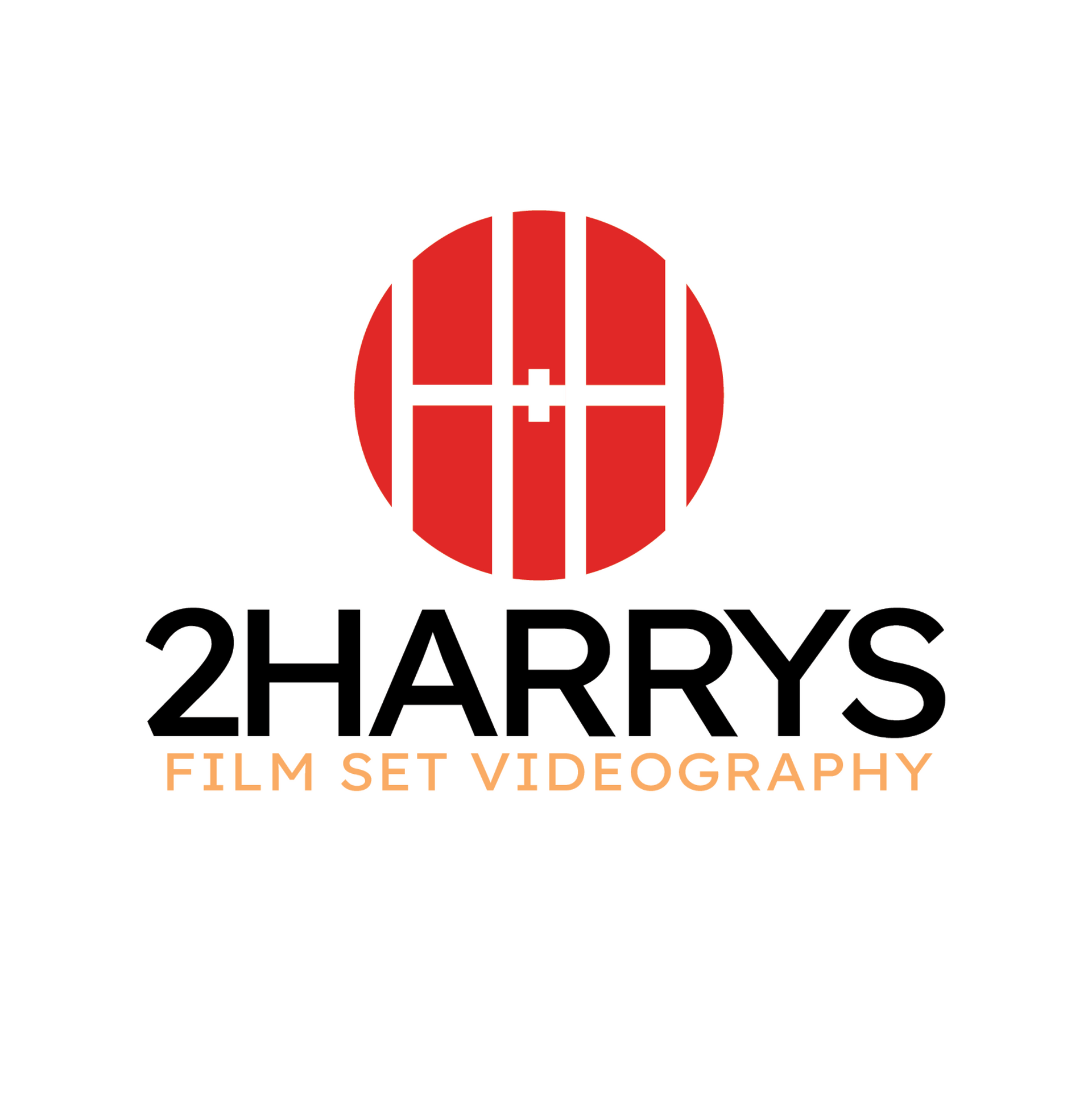 Logo for 2HARRYS, a film set videography company. Red circle with white 