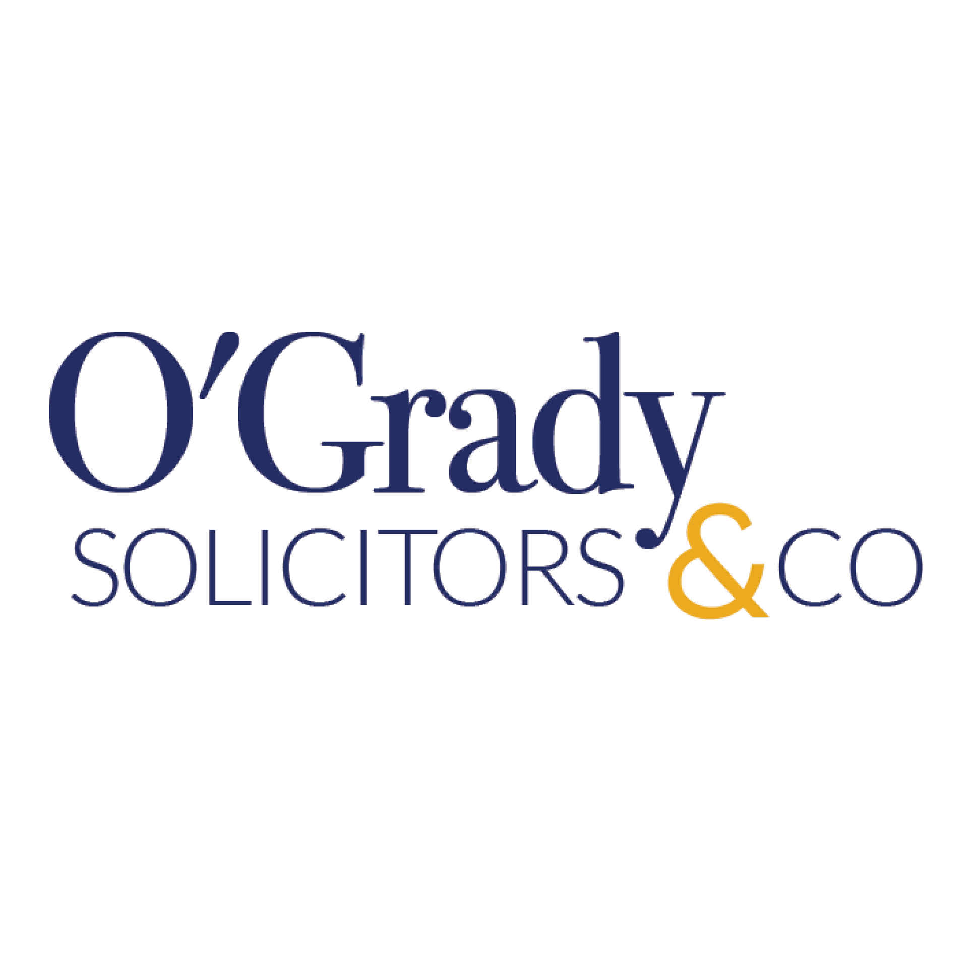 O'Grady Solicitors & Co. logo in navy blue and gold. Text 