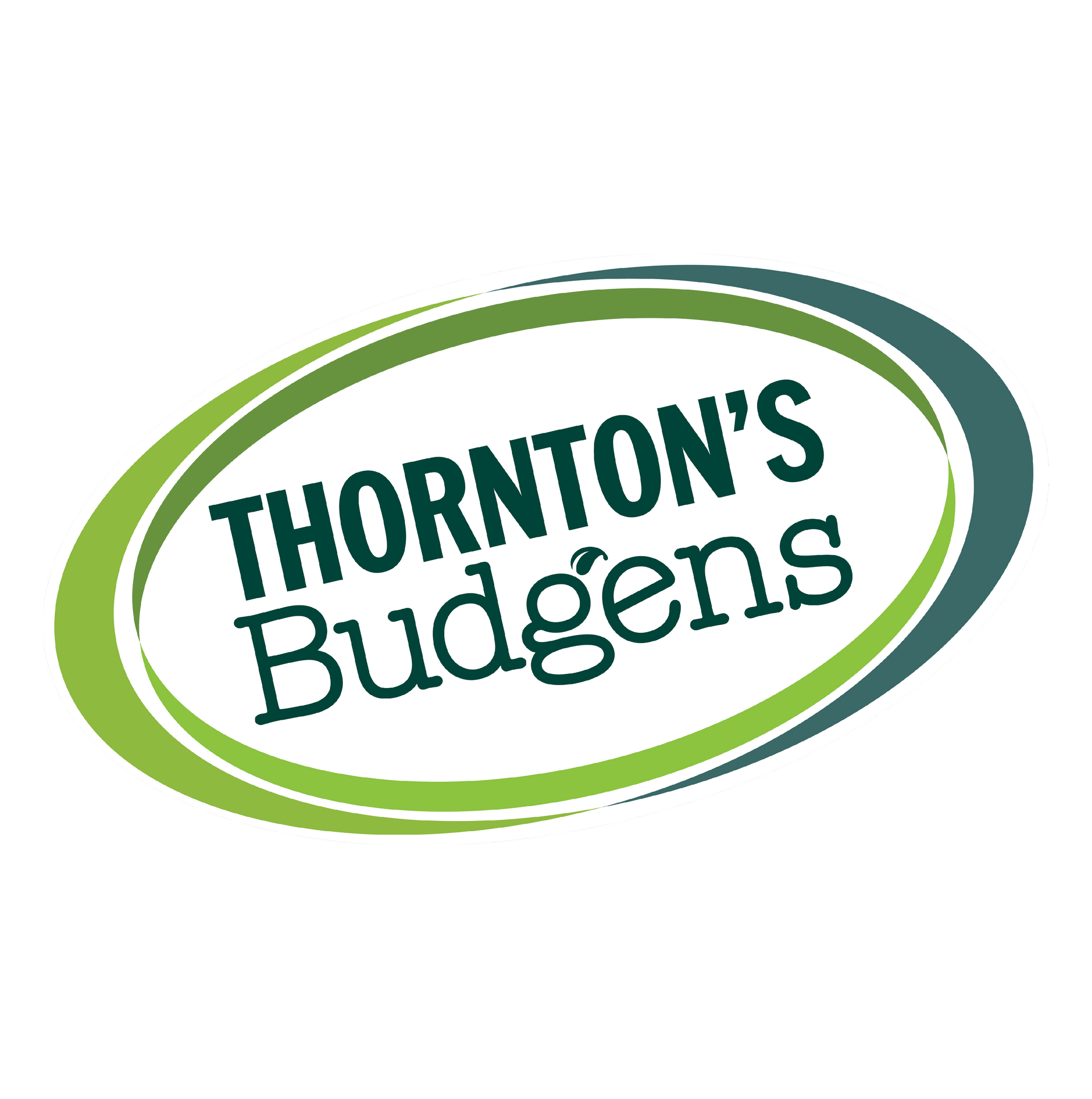 Thornton's Budgens logo in a green and blue oval, white background.