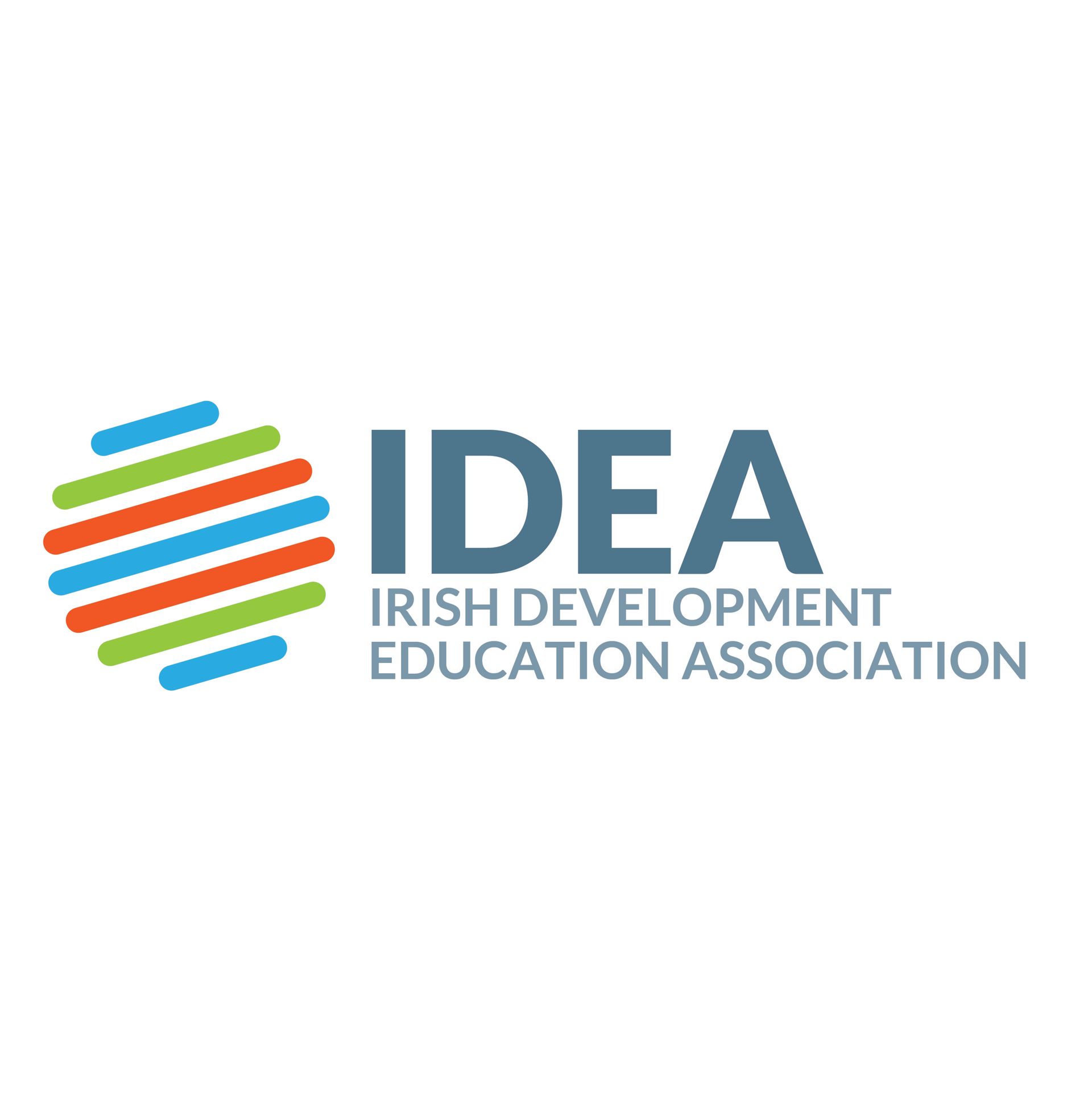 Logo of IDEA: a blue, orange, and green striped globe shape next to the text