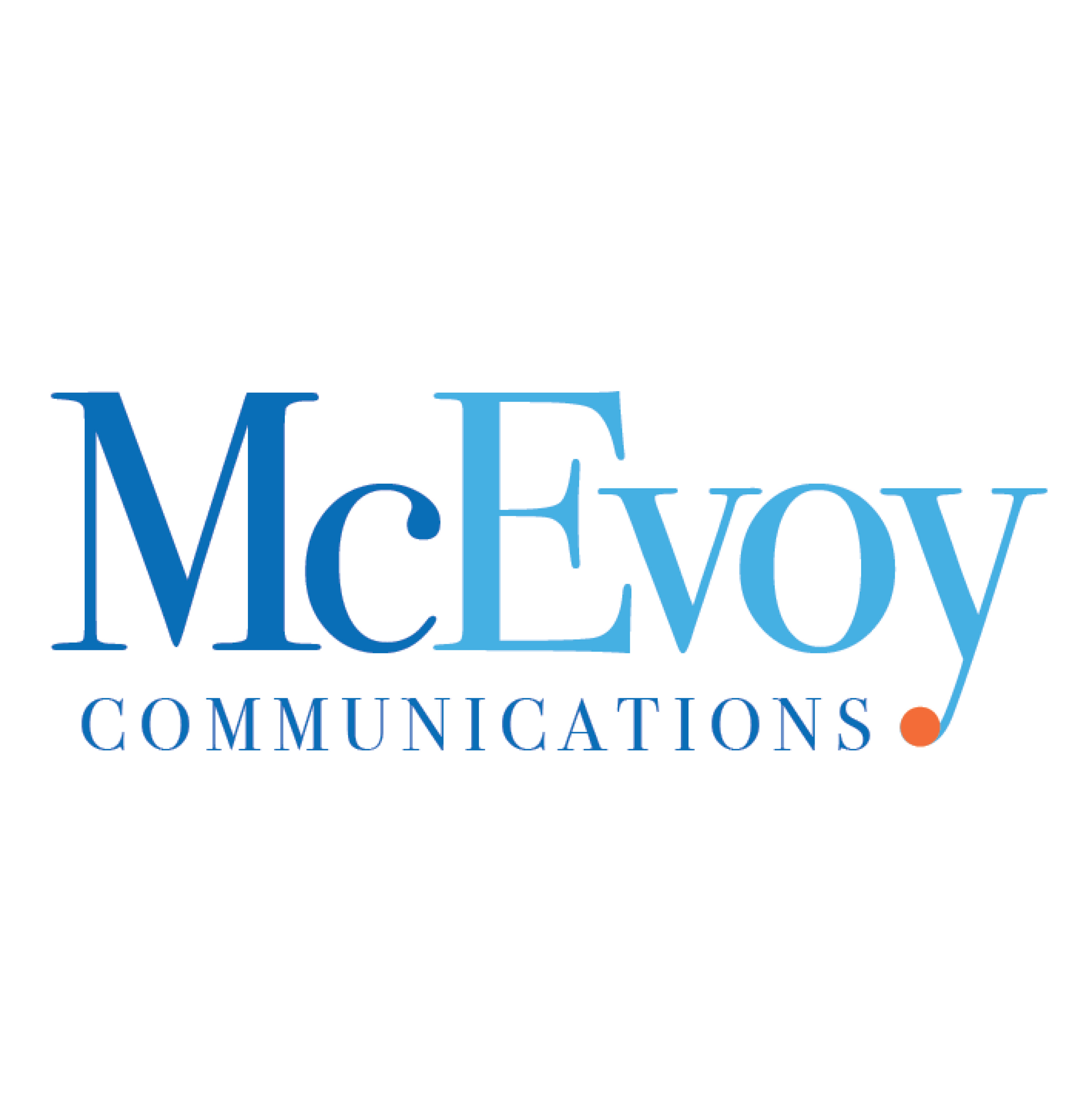 McEvoy Communications logo: blue text with a red dot.