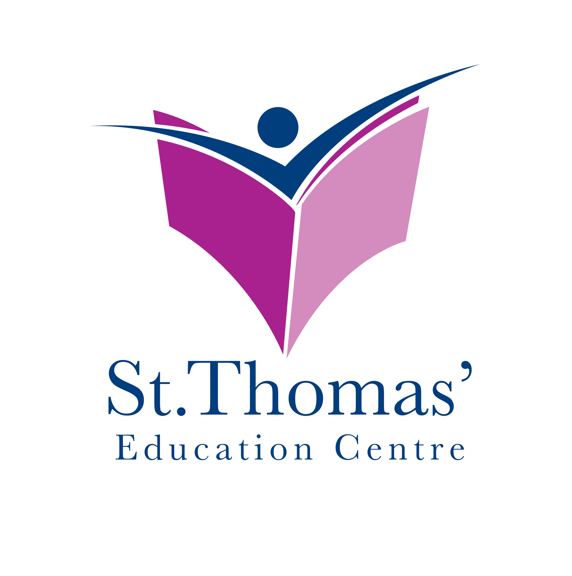Logo of St. Thomas' Education Centre: An open book with a person icon above, in purple, pink, and navy blue.