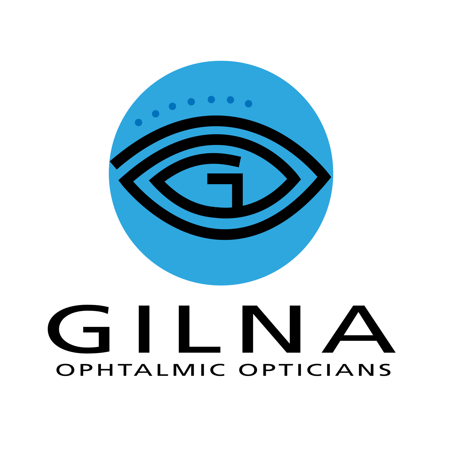 Eye logo in blue circle above text 