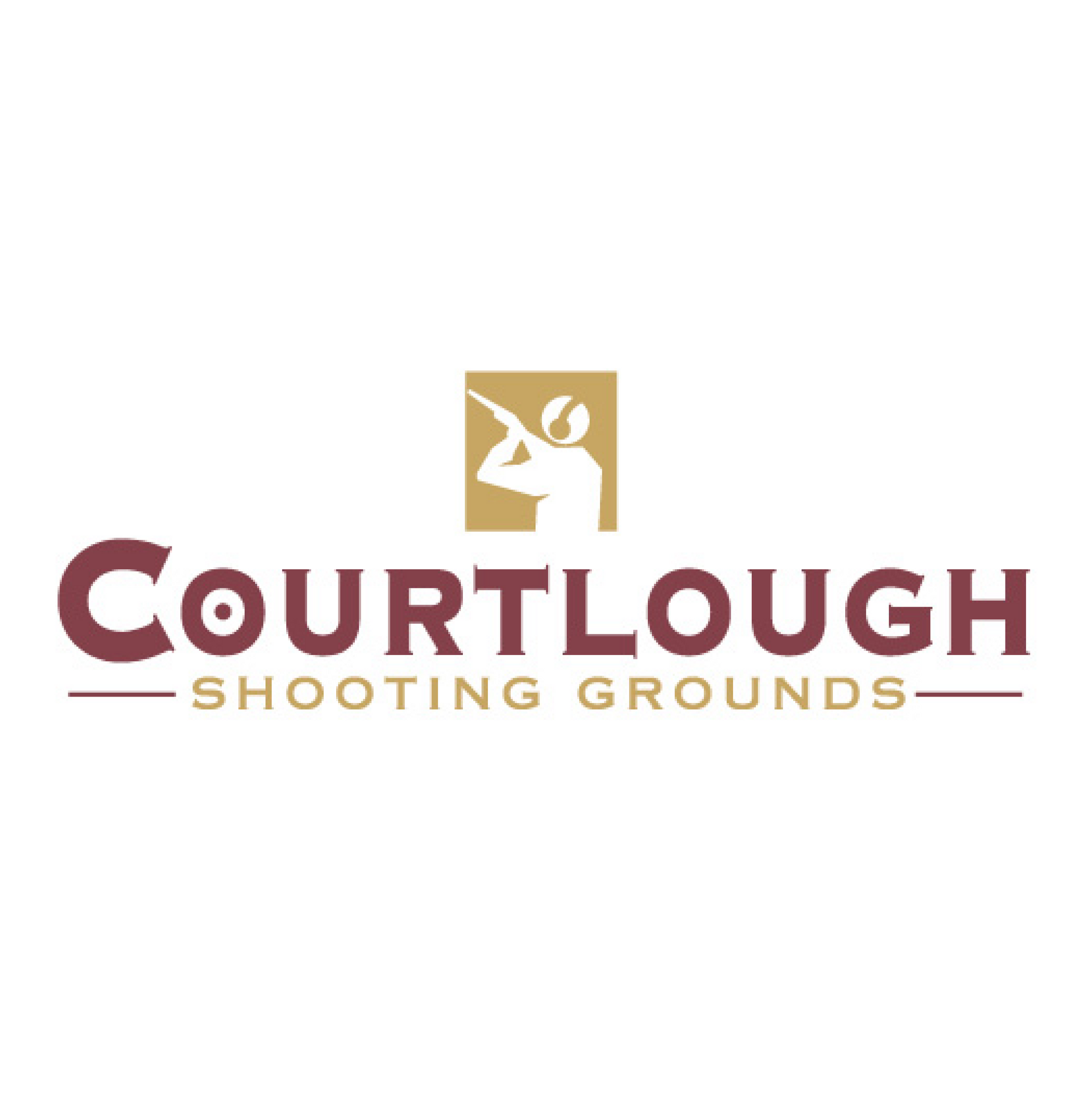 Courtlough Shooting Grounds logo: Silhouette of shooter, name in maroon, gold accents.
