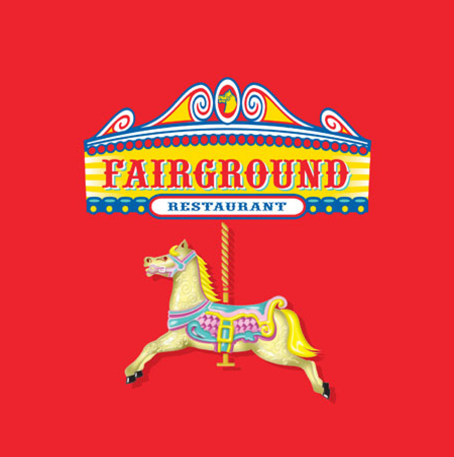 Fairground Restaurant sign above carousel horse, red background.