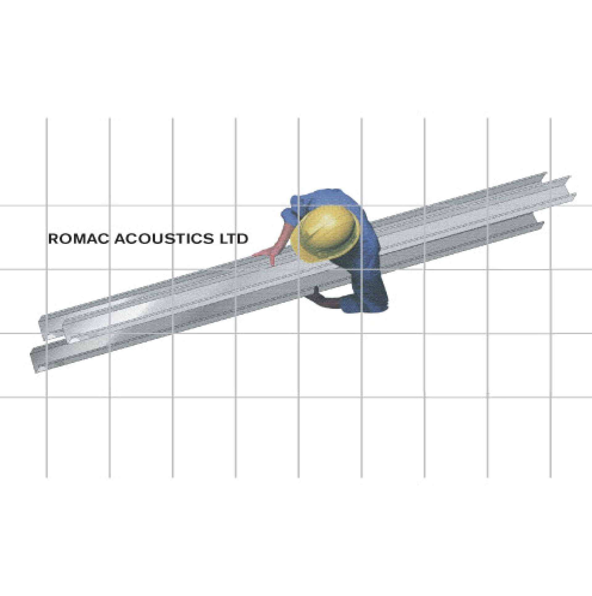 Worker in blue suit and hardhat working on long metal beams. Grid background.