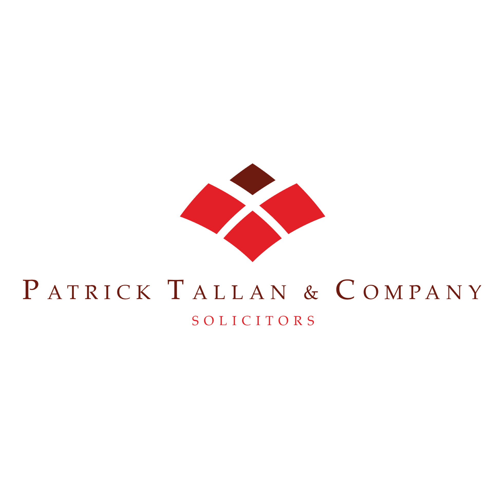 Logo for Patrick Tallan & Company, Solicitors. Red and brown abstract graphic above the company name in brown text.