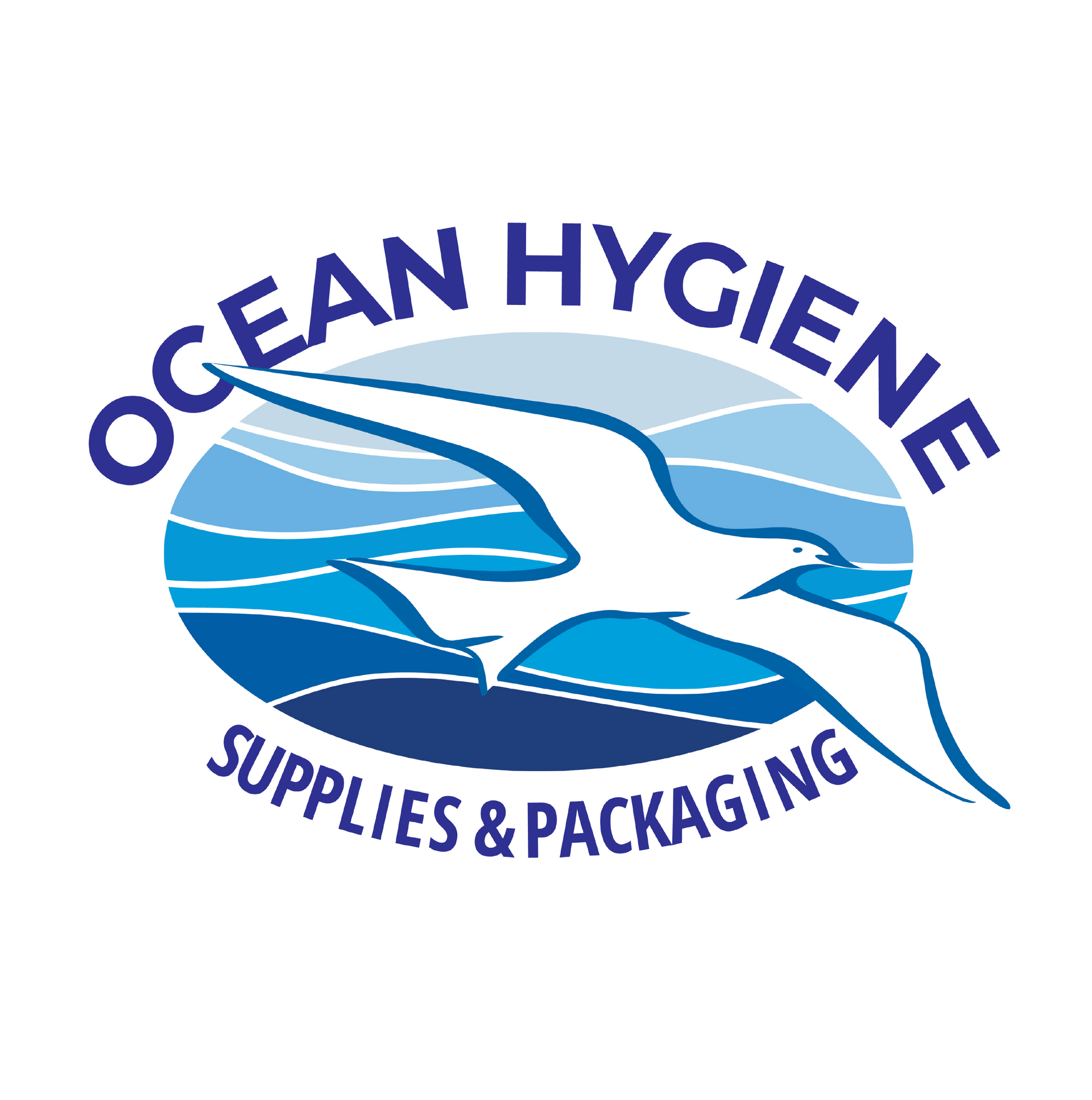 Ocean Hygiene logo: Blue oval with a flying white seagull, text 