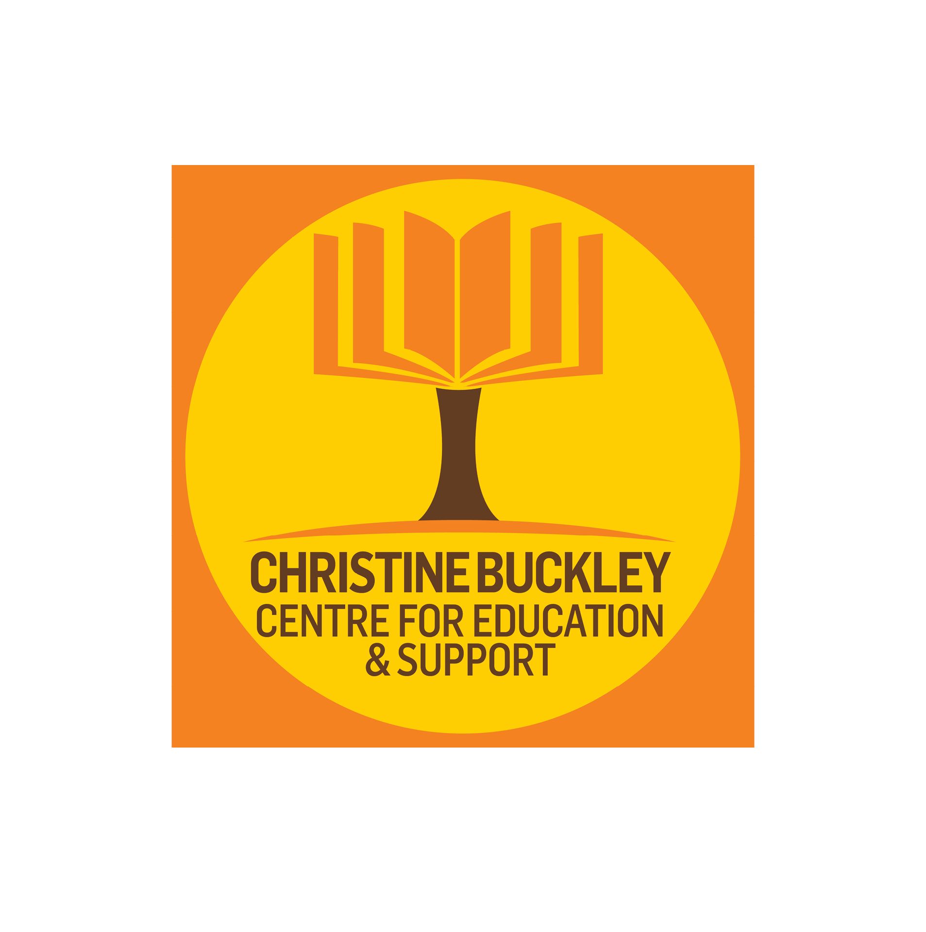 Logo for Christine Buckley Centre: orange square with yellow circle. Tree-like book in center, text below.
