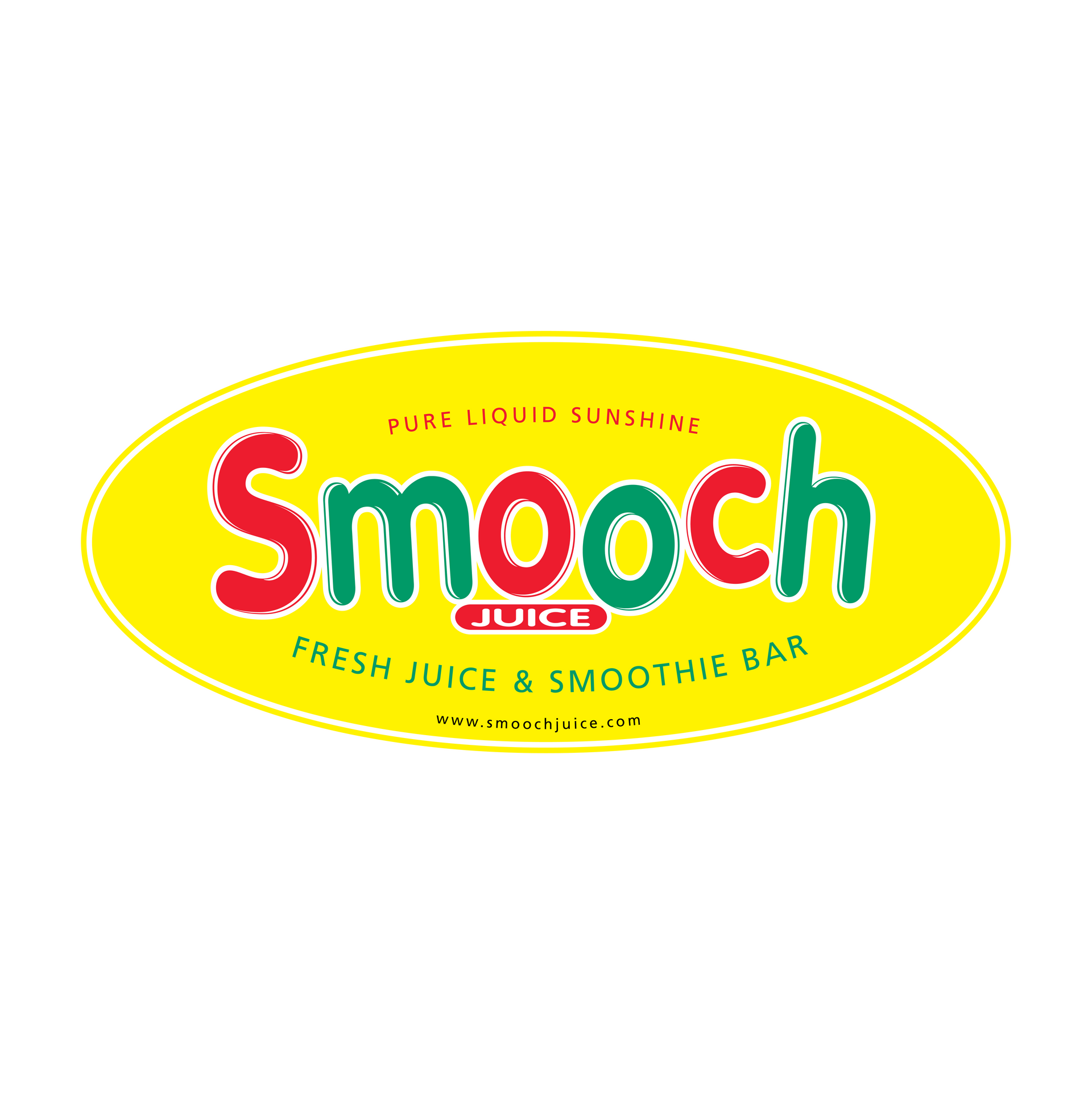 Smooch Juice logo: Oval yellow background with red 