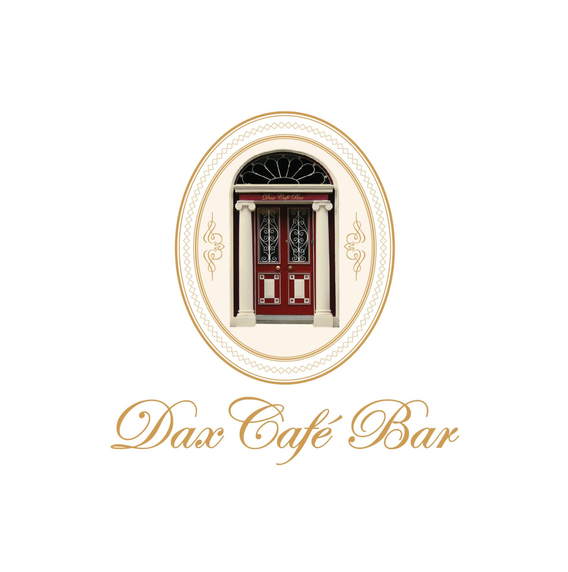 Oval logo featuring red door with pillars, Dax Café Bar in gold script below.