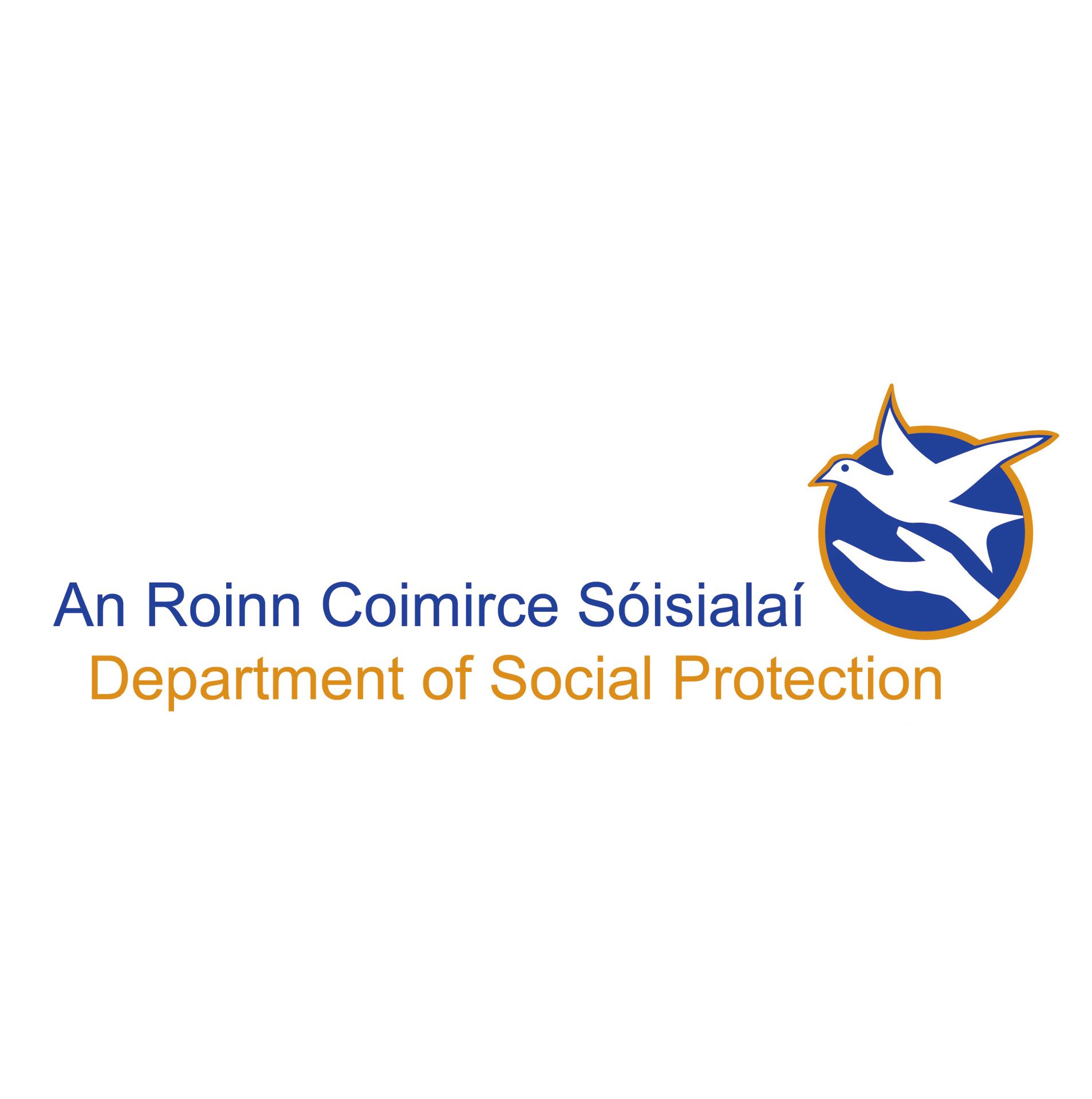Logo of the Irish Department of Social Protection: dove, hands, blue and orange text.