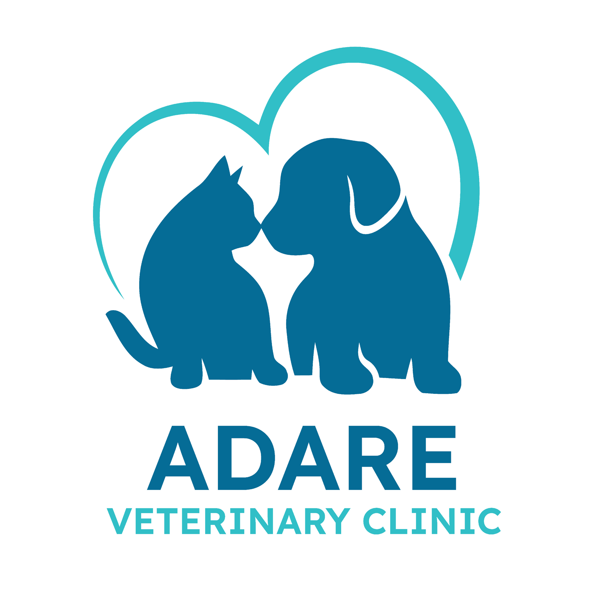 Blue silhouettes of cat and dog within a teal heart shape, above 