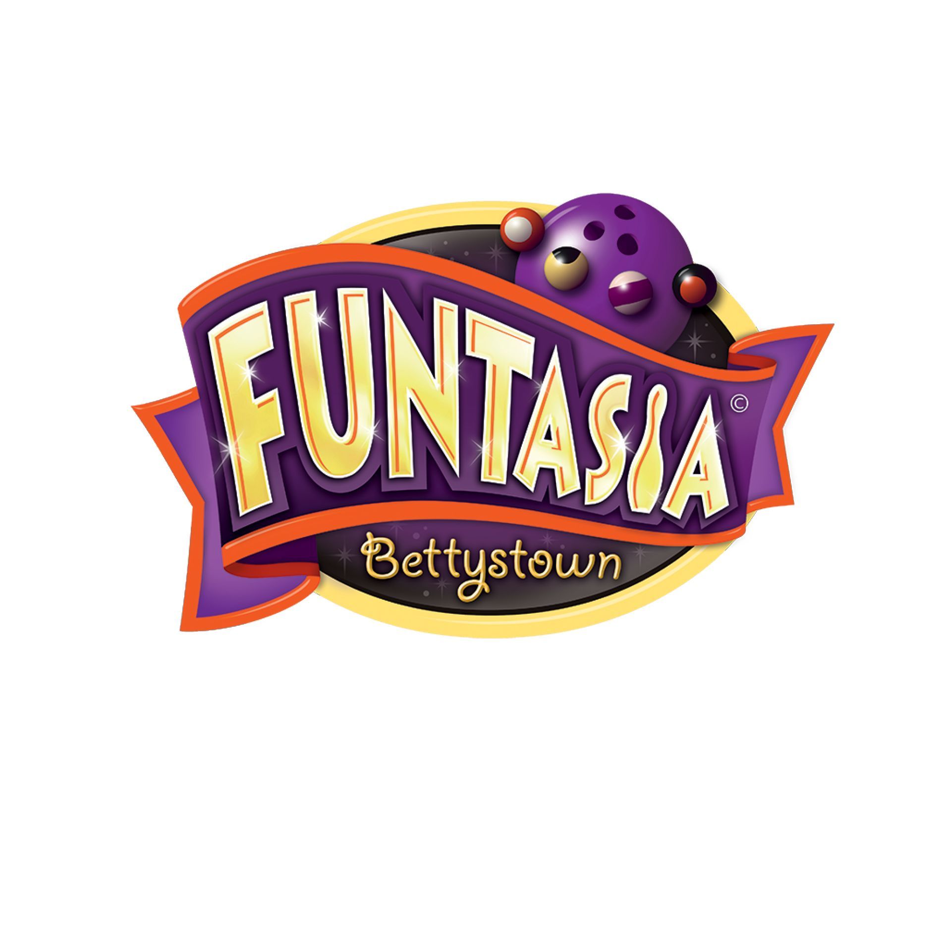 Logo for FANTASIA Bettystown; purple, gold, and orange bowling ball and ribbon.