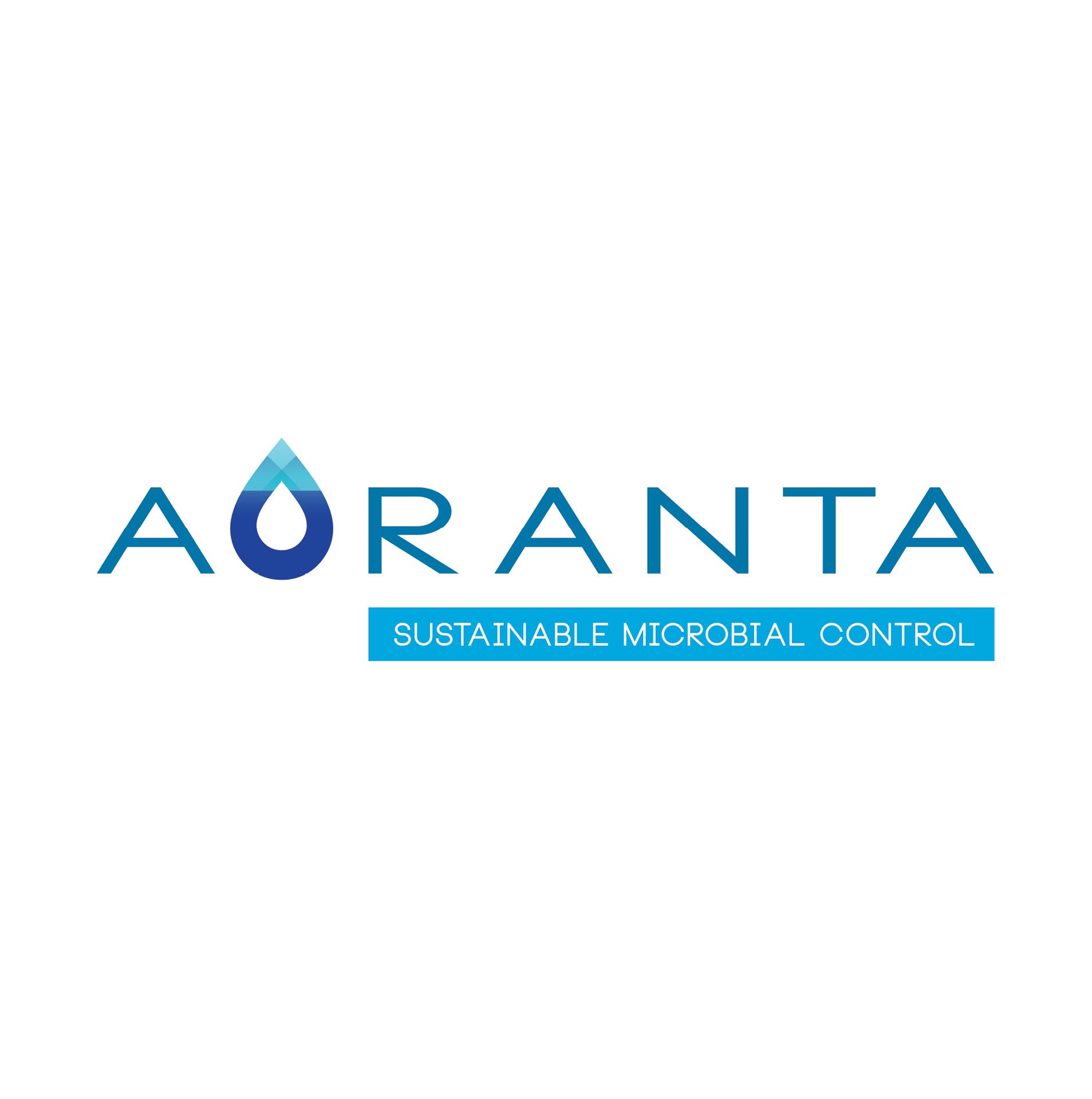 Logo for Auranta, a company offering sustainable microbial control. Features a blue water droplet and the tagline.
