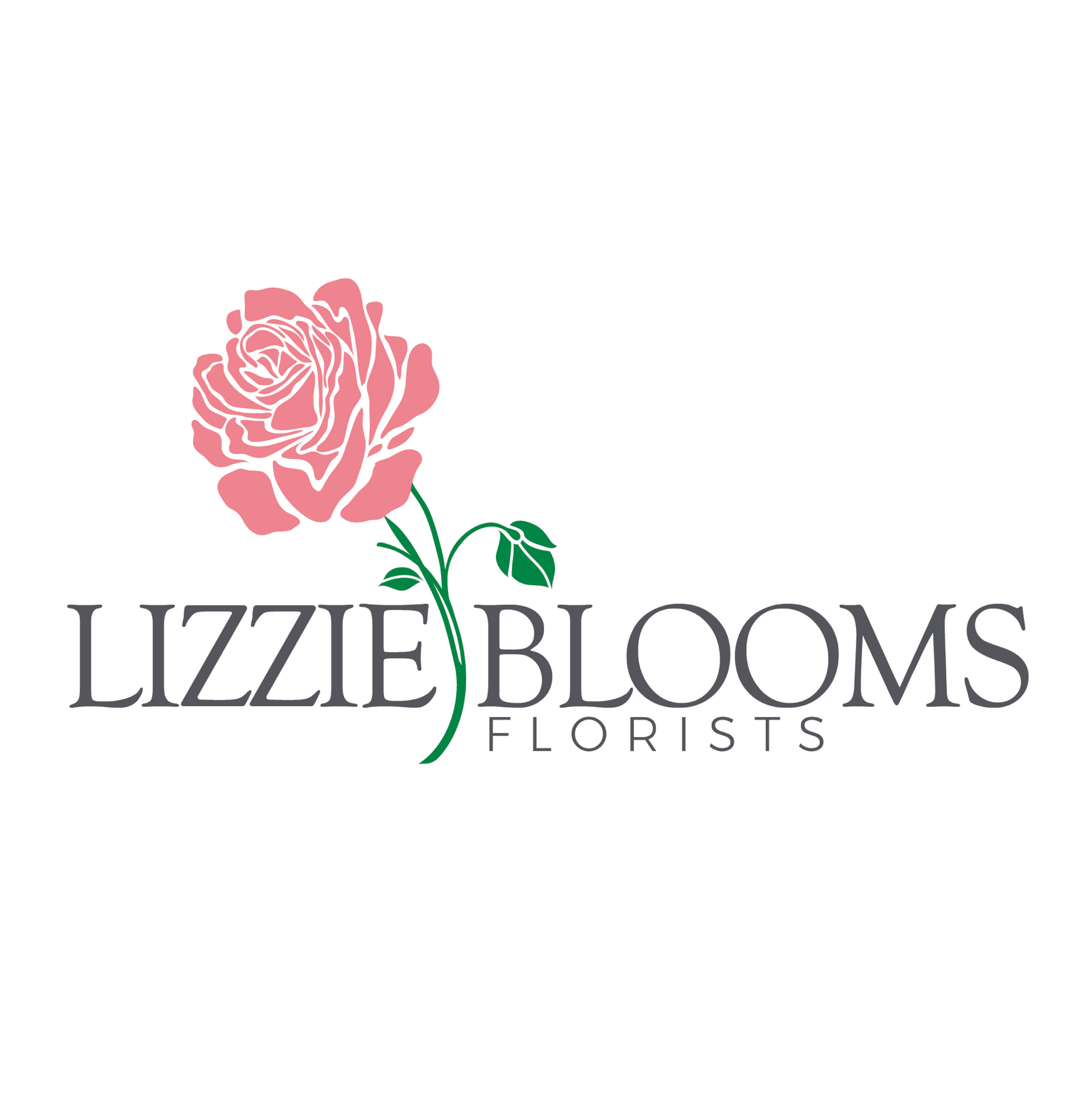 Lizzie Blooms Florists logo with a pink rose and green stem on a white background.